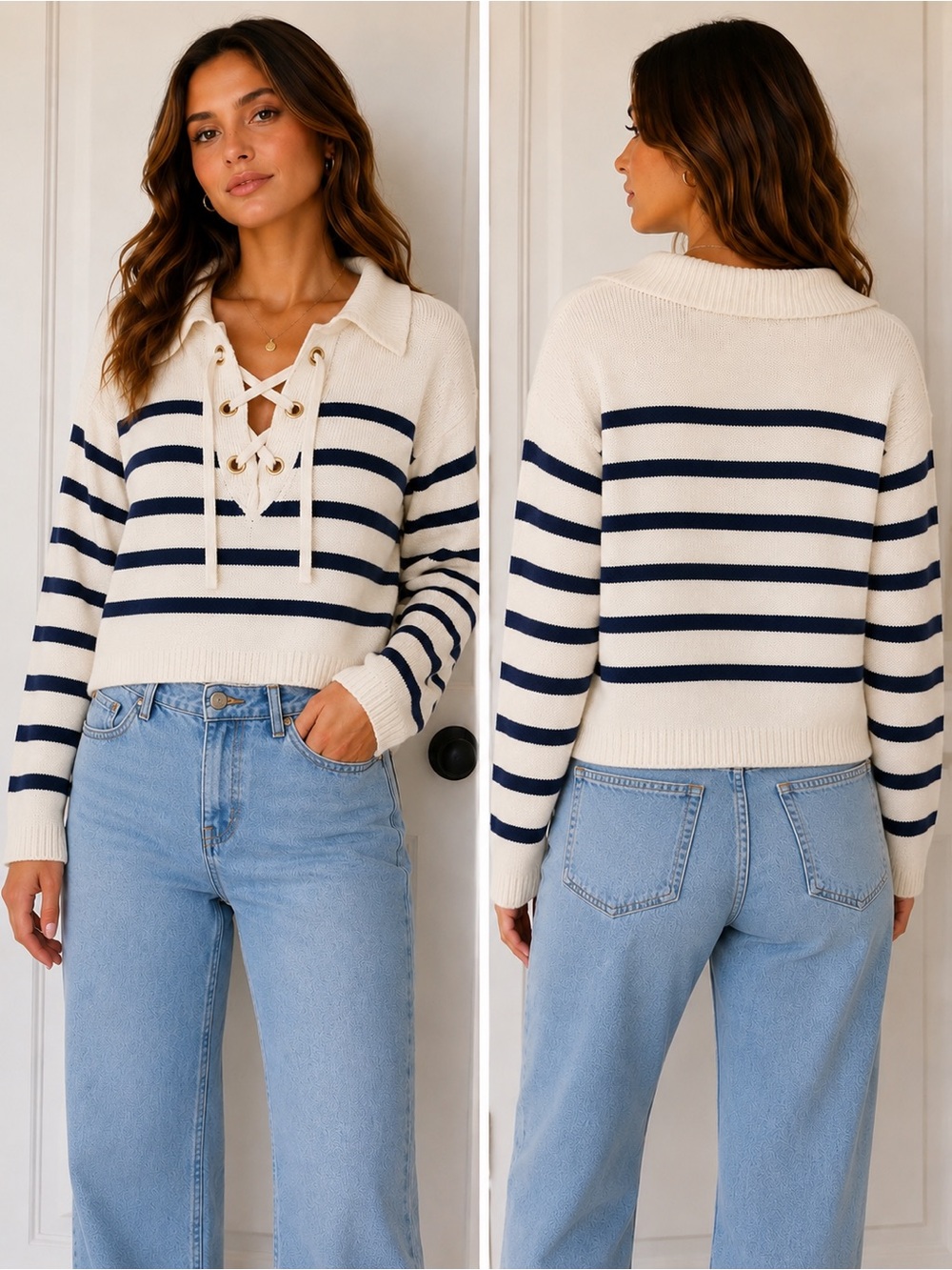 Pink Rose Cream Sweater with Navy Stripes and Lace-Up V-Neck